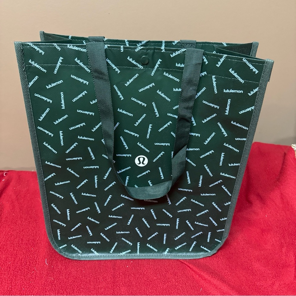 Lululemon Reusable Large Shopping Tote Bag Green Letters Pattern 14x 16.5 X 6.5”